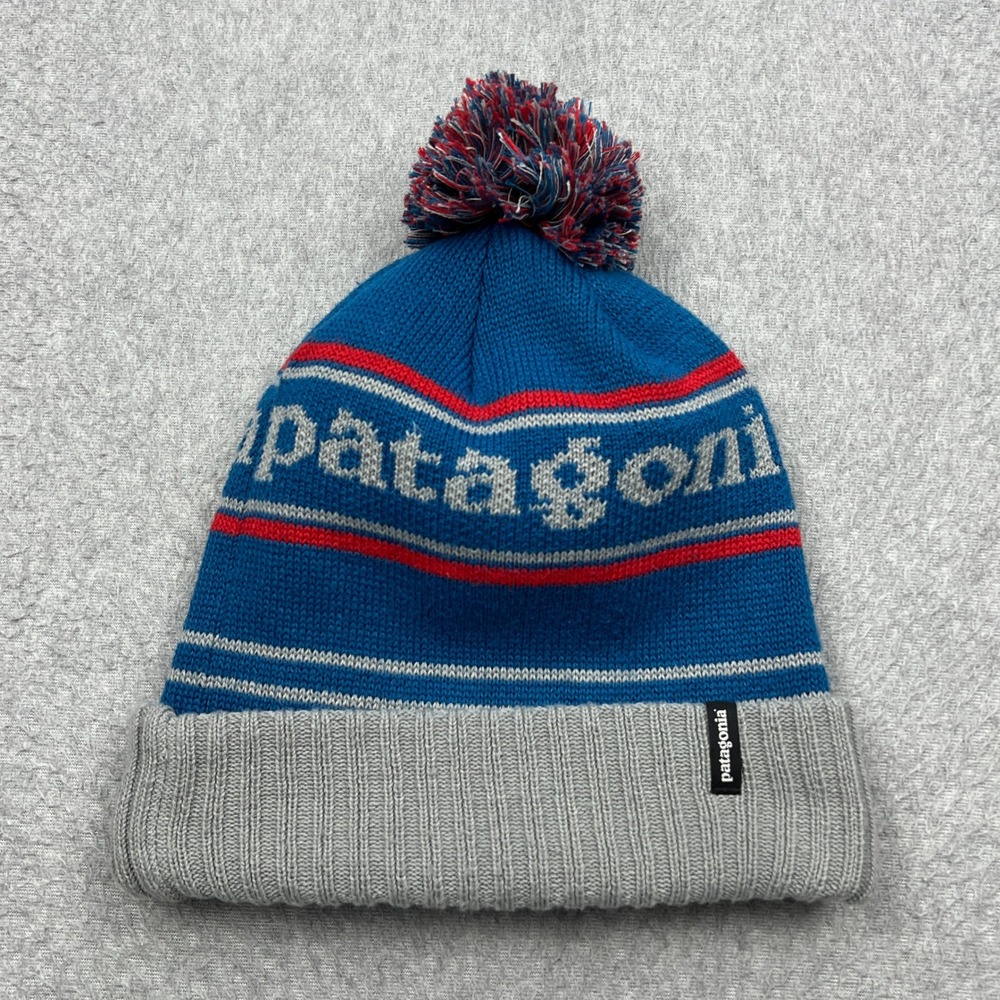 Patagonia Powder Town Beanie Adult OS Blue Striped Knit Logo Pom Pom Hat 29187